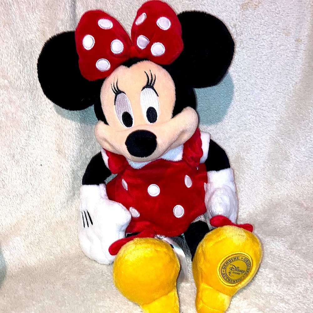 Minnie Mouse Disney Store soft plush 13” red polka dot dress